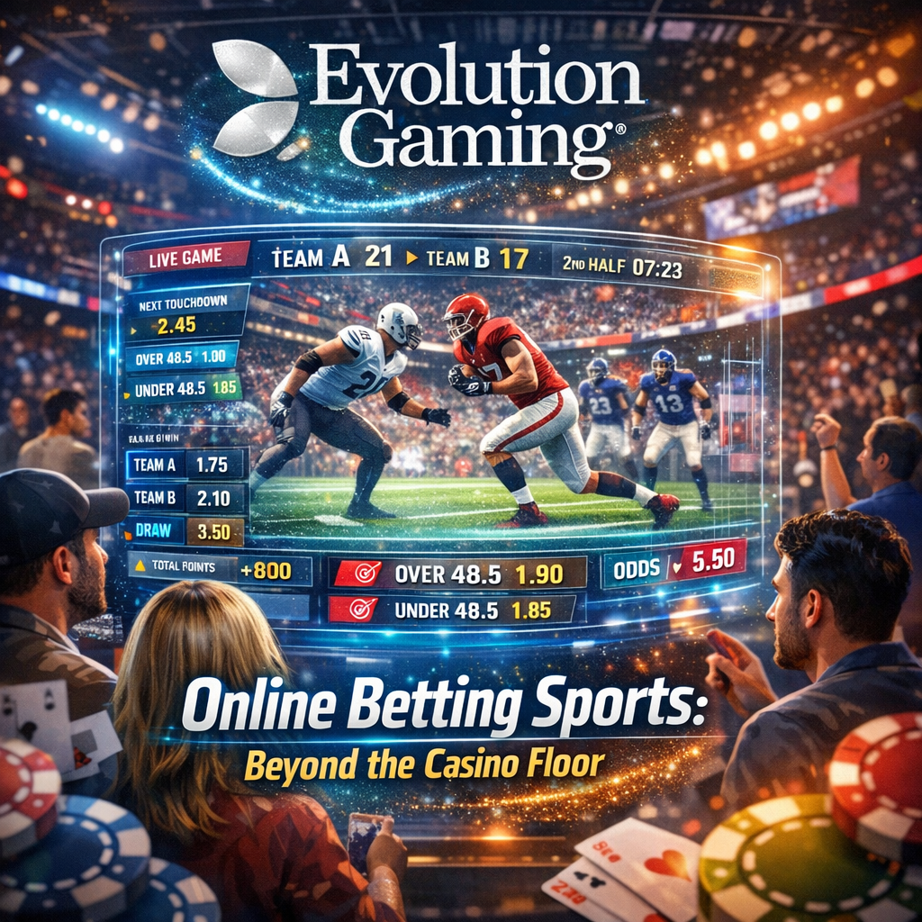 A dynamic 1:1 image showcasing Evolution Gamingโs comprehensive online sports betting platform, featuring a holographic display of a live sports match with real-time betting odds. The image conveys excitement, competition, and accessibility, designed to attract sports fans seeking a comprehensive betting experience. The image blends a modern sports arena with a futuristic betting interface, highlighting the innovative approach of Evolution Gaming.