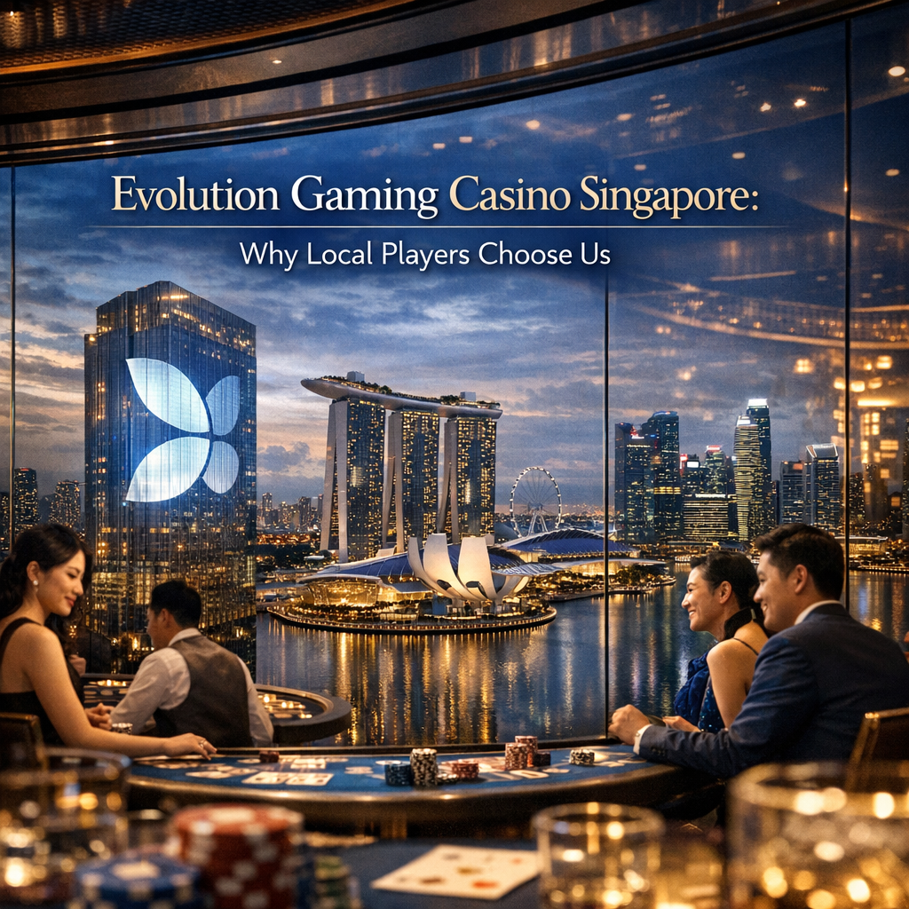 A sophisticated 1:1 image showcasing Evolution Gaming Casino Singapore, blending a modern cityscape with a luxurious casino interior. The image conveys trust, local relevance, and a tailored experience for Singaporean players, highlighting the brandโs commitment to the local market. The image subtly integrates the Evolution Gaming logo into the cityscape, creating a sense of belonging and connection.