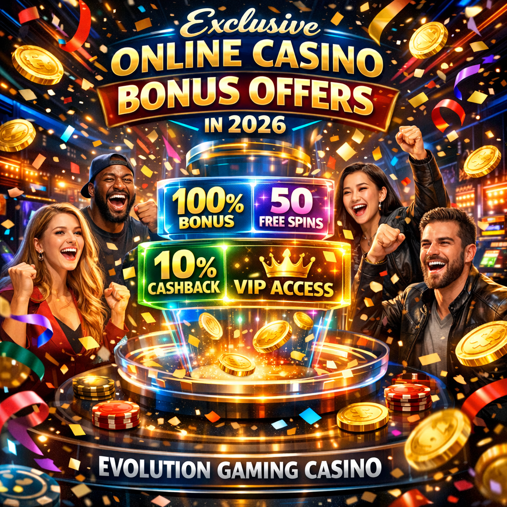A vibrant 1:1 image showcasing Evolution Gaming Casinoโs exclusive bonus offers for 2026, featuring a dynamic display of welcome bonuses, free spins, cashback rewards, and VIP access. The image conveys excitement, opportunity, and generosity, designed to attract new players and highlight the attractive promotions available at the casino. The image blends a celebratory atmosphere with a futuristic casino setting, creating a sense of excitement and anticipation.