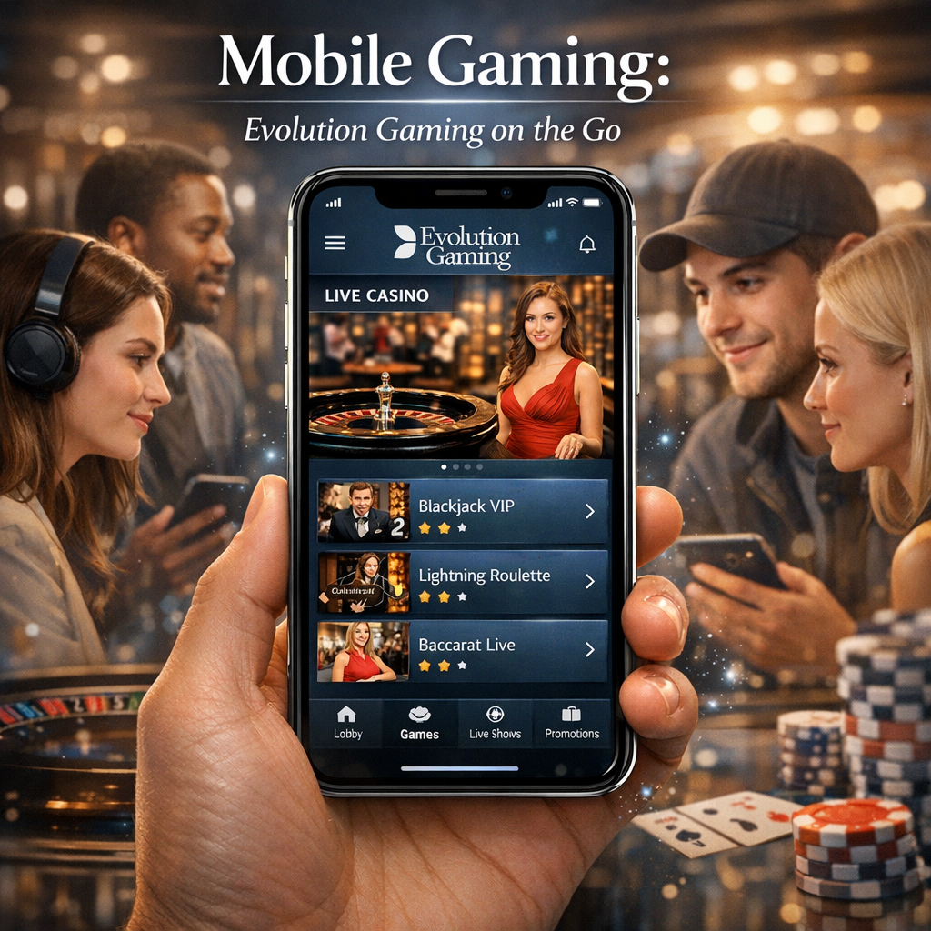 A sleek 1:1 image showcasing Evolution Gamingโs mobile gaming platform, seamlessly blending a mobile device interface with a luxurious casino environment. The image conveys convenience, accessibility, and excitement, highlighting the ease of playing Evolution Gaming games on the go. The image features a modern mobile interface and subtle casino elements, designed to attract mobile gamers and showcase the platformโs user-friendly design.