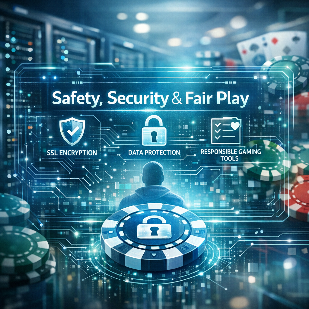 A secure 1:1 image showcasing Evolution Gamingโs commitment to safety, security, and fair play, blending a futuristic data center with subtle casino elements. The image conveys trust, reliability, and data protection, highlighting the security protocols in place to safeguard player information and ensure a fair gaming experience. The image features a holographic display showcasing security measures and a subtle representation of a player, designed to inspire confidence and reassurance.