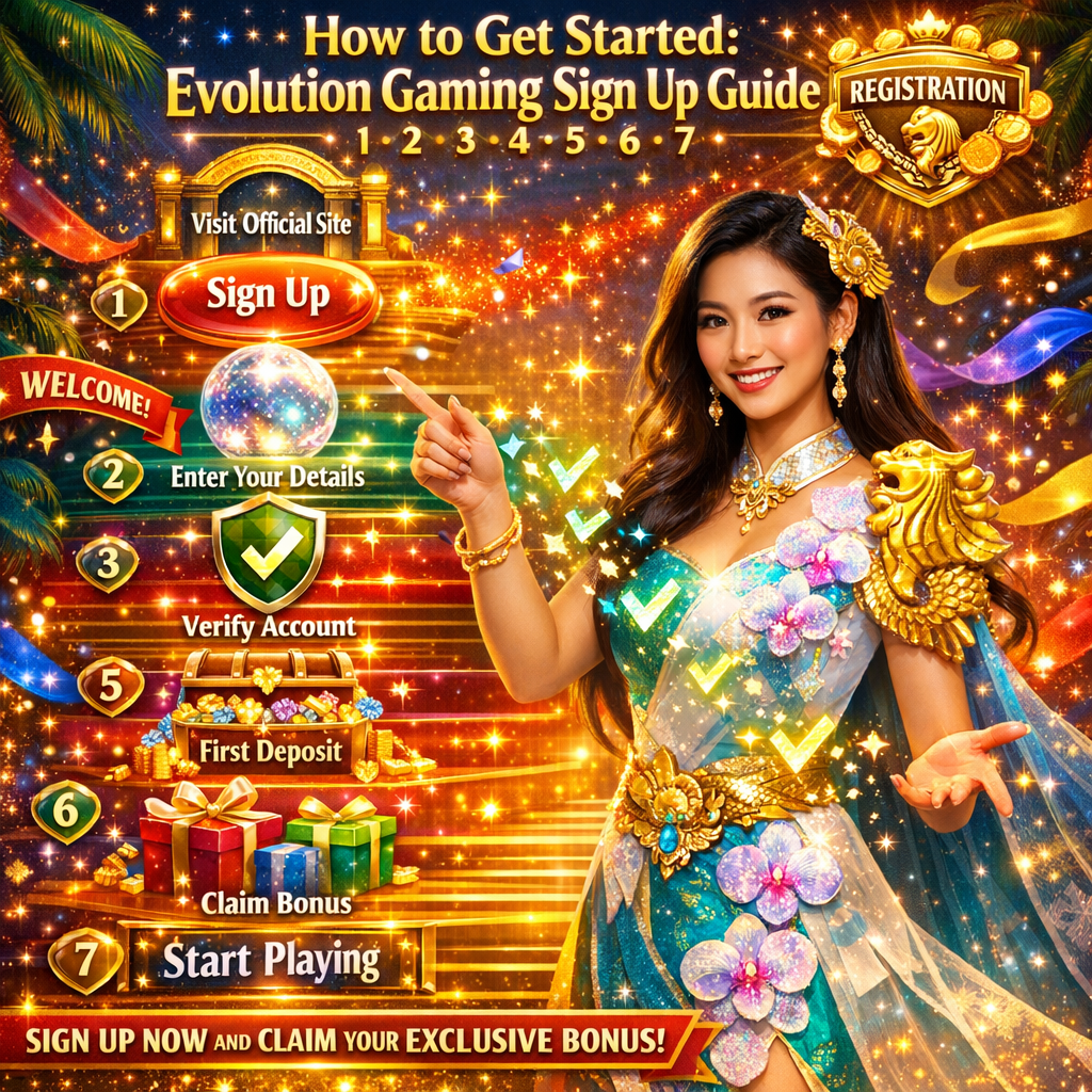 A vibrant fantasy casino onboarding realm featuring a welcoming Asian female guide presenting a magical seven-step registration staircase, surrounded by glowing signup buttons, verification shields, treasure chests, and bonus gift boxes, with bold golden and electric colors, warm lighting, and luminous typography designed to instantly capture attention and drive immediate sign-up engagement for Evolution Gaming's online casino experience.