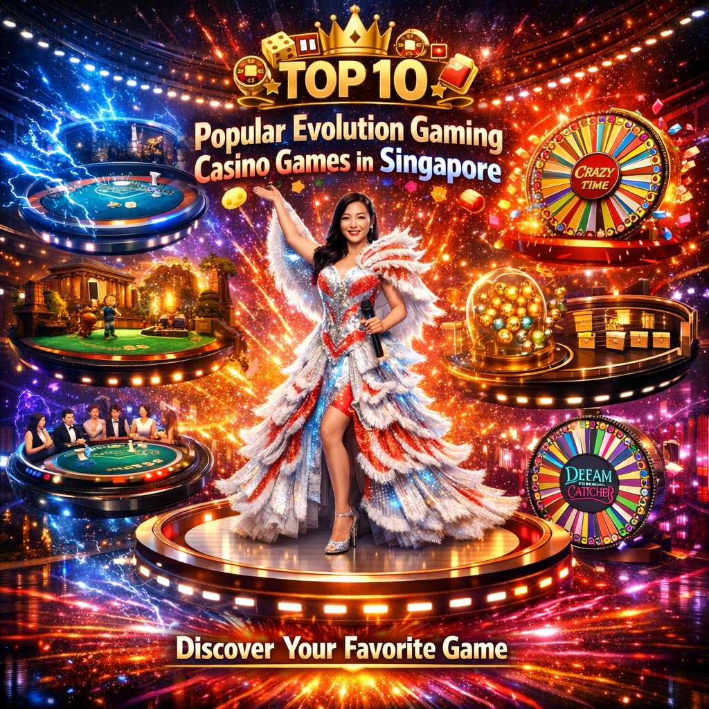 A spectacular fantasy casino colosseum featuring a dynamic Asian female game show hostess surrounded by ten floating live game arenas including Lightning Baccarat, Crazy Time, Mega Ball, and Monopoly Live, with explosive bold colors, epic stadium lighting, and luminous typography designed to instantly captivate Singapore players and drive engagement with the most popular Evolution Gaming titles.