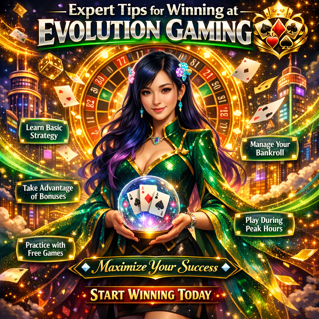 A vibrant fantasy anime-style promotional image featuring an Asian female casino presenter in a magical cyber-casino setting, showcasing expert tips for winning at Evolution Gaming live dealer games with bold typography, glowing casino elements, and strategic gaming advice for blackjack, baccarat, and sports betting enthusiasts.