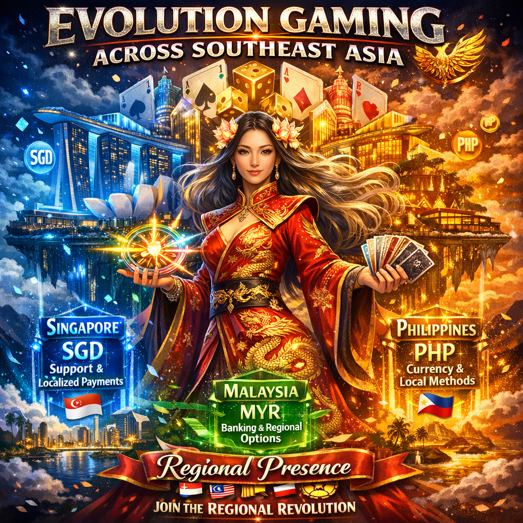 A vibrant fantasy comic book-style promotional image featuring an Asian female casino presenter in a magical Southeast Asian casino kingdom, highlighting Evolution Gaming's regional presence across Singapore, Malaysia, and Philippines with localized currency support, payment options, and live casino gaming platforms for SGD, MYR, and PHP markets.