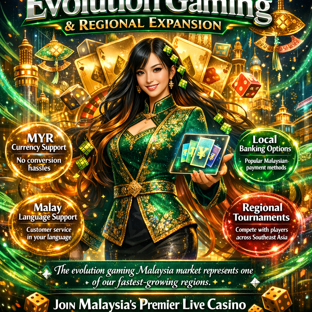 A vibrant fantasy anime-style promotional image featuring an Asian female casino presenter in a magical Malaysian casino realm, highlighting Evolution Gaming's fastest-growing Malaysia market with MYR currency support, local banking options, Malay language customer service, and regional Southeast Asian tournaments for live casino gaming enthusiasts.