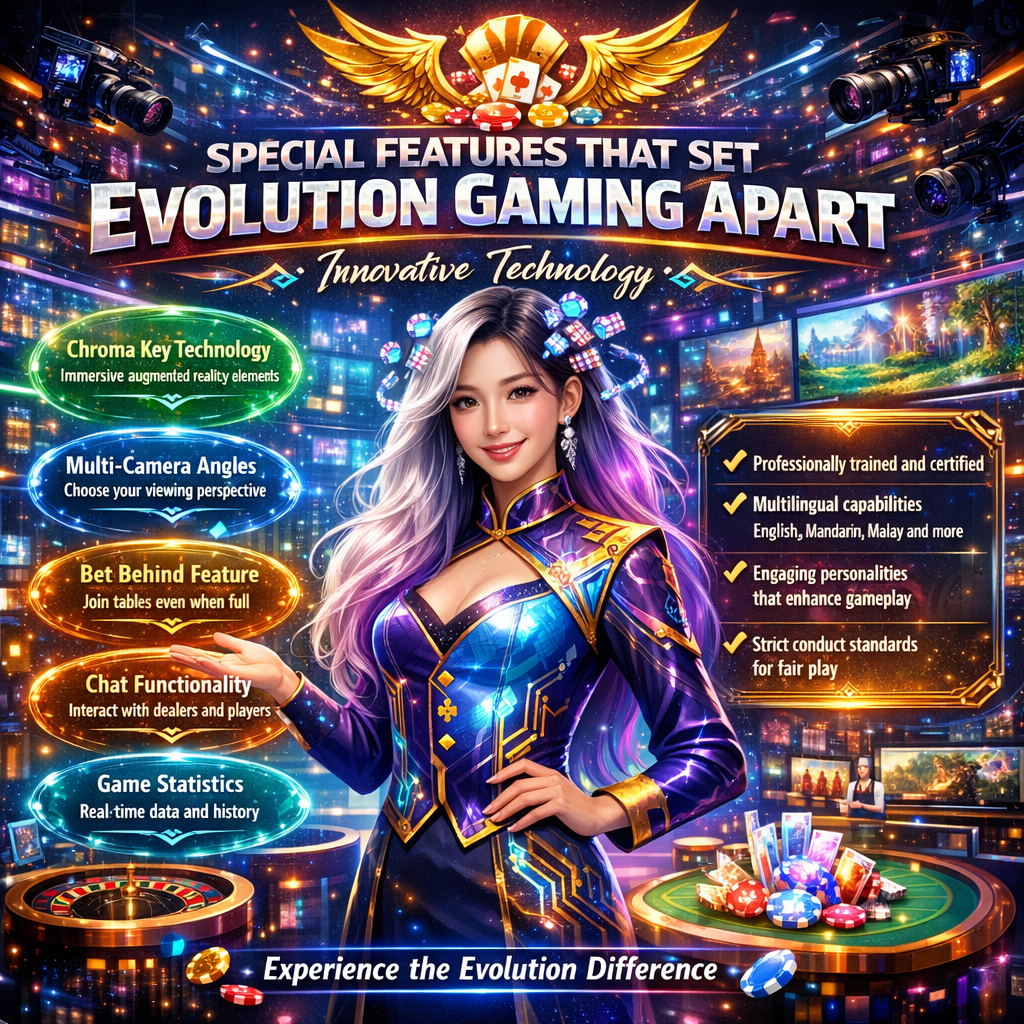 A vibrant fantasy anime-style promotional image featuring an Asian female presenter in a futuristic magical casino command center, highlighting Evolution Gaming's special features including chroma key technology, multi-camera angles, bet behind functionality, chat features, and game statistics, alongside professional multilingual dealer excellence for immersive live casino experiences.