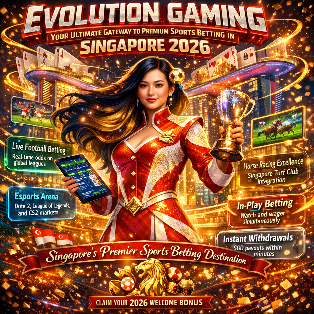 A vibrant fantasy comic book-style promotional image featuring an Asian female sports presenter in a magical Singaporean betting arena, highlighting Evolution Gaming's 2026 premium sports betting gateway with live football, horse racing, esports markets, in-play betting, instant SGD withdrawals, and exclusive welcome bonuses for Singapore players.
