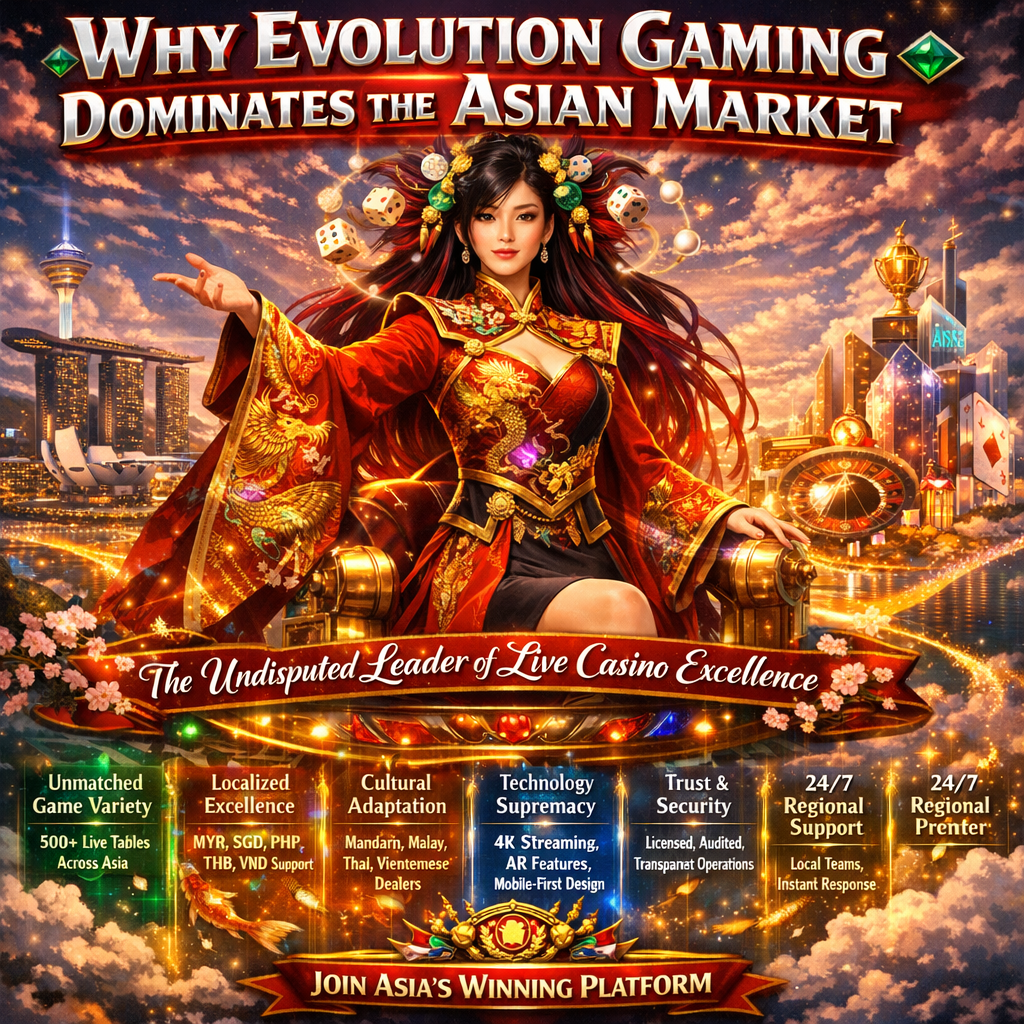 A vibrant fantasy anime-style promotional image featuring an Asian female market leader atop a magical casino throne commanding an Asian empire, illustrating why Evolution Gaming dominates the Asian market through unmatched game variety, localized currency support, multilingual dealers, advanced technology, trusted security, and 24/7 regional support across Singapore, Malaysia, Philippines, Thailand, and Vietnam.
