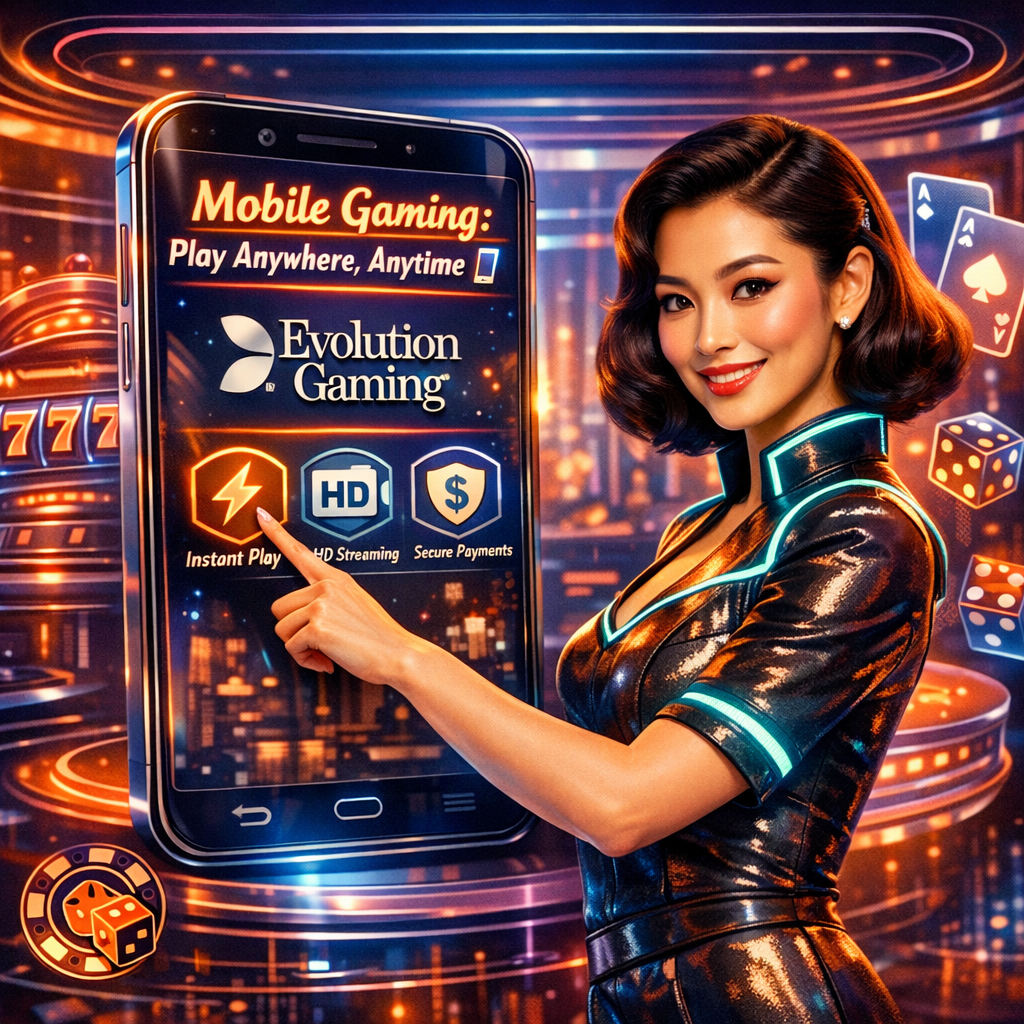 A stylish 1:1 retro-futuristic image showcasing Evolution Gaming’s mobile gaming platform. The image features a confident Asian female presenter interacting with a futuristic mobile device displaying casino games, highlighting instant play, HD streaming, and secure payments. The text “Mobile Gaming: Play Anywhere, Anytime 📱” is prominently displayed, aiming to attract users seeking convenient and accessible online casino entertainment. The image includes the Evolution Gaming logo and a brand logo with a casino theme, designed to convey innovation and a seamless mobile experience.

