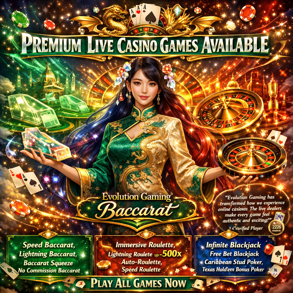 A vibrant fantasy anime-style promotional image featuring an Asian female dealer in a magical multi-game casino realm, showcasing Evolution Gaming's premium live casino portfolio including baccarat variations, lightning roulette with 500x multipliers, infinite blackjack, and Texas Hold'em poker, alongside a verified 2026 player testimonial celebrating authentic live dealer experiences.
