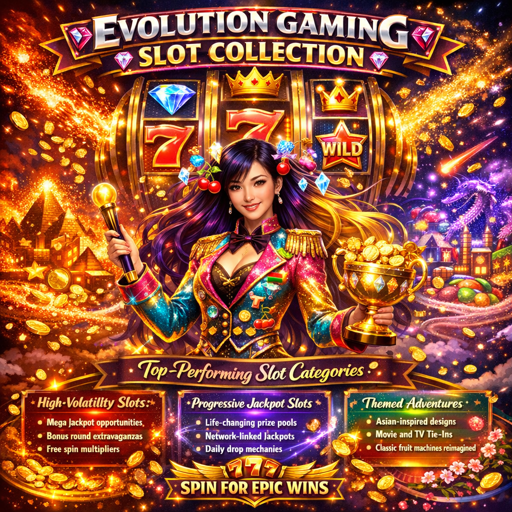 A vibrant fantasy anime-style promotional image featuring an Asian female slot hostess in a magical spinning slot kingdom, showcasing Evolution Gaming's impressive slot collection with high-volatility games, progressive jackpots with life-changing prize pools, and themed adventures including Asian-inspired designs, movie tie-ins, and reimagined classic fruit machines for epic winning opportunities.
