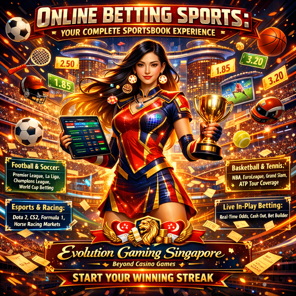 A vibrant fantasy comic book-style promotional image featuring an Asian female sportsbook presenter in a magical Singapore sports betting colosseum, highlighting Evolution Gaming Singapore's comprehensive online betting sports coverage with football, basketball, tennis, esports, horse racing, live in-play betting, and seamless integrated platform wallet for a complete sportsbook experience.
