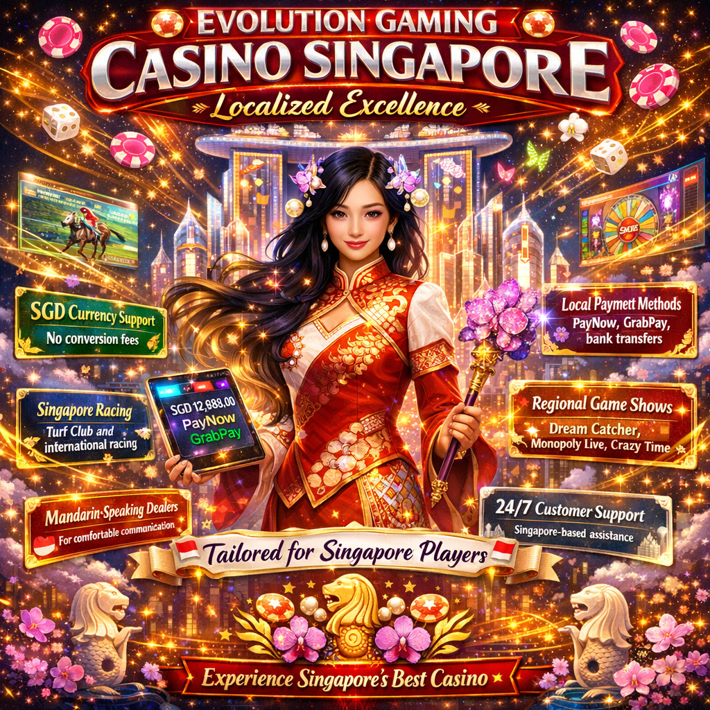 A vibrant fantasy anime-style promotional image featuring an Asian female Singaporean casino hostess in a magical lion city casino realm, highlighting Evolution Gaming Casino Singapore's localized excellence with SGD currency support, PayNow and GrabPay payments, Singapore Turf Club racing, regional game shows like Dream Catcher and Monopoly Live, Mandarin-speaking dealers, and 24/7 Singapore-based customer support.
