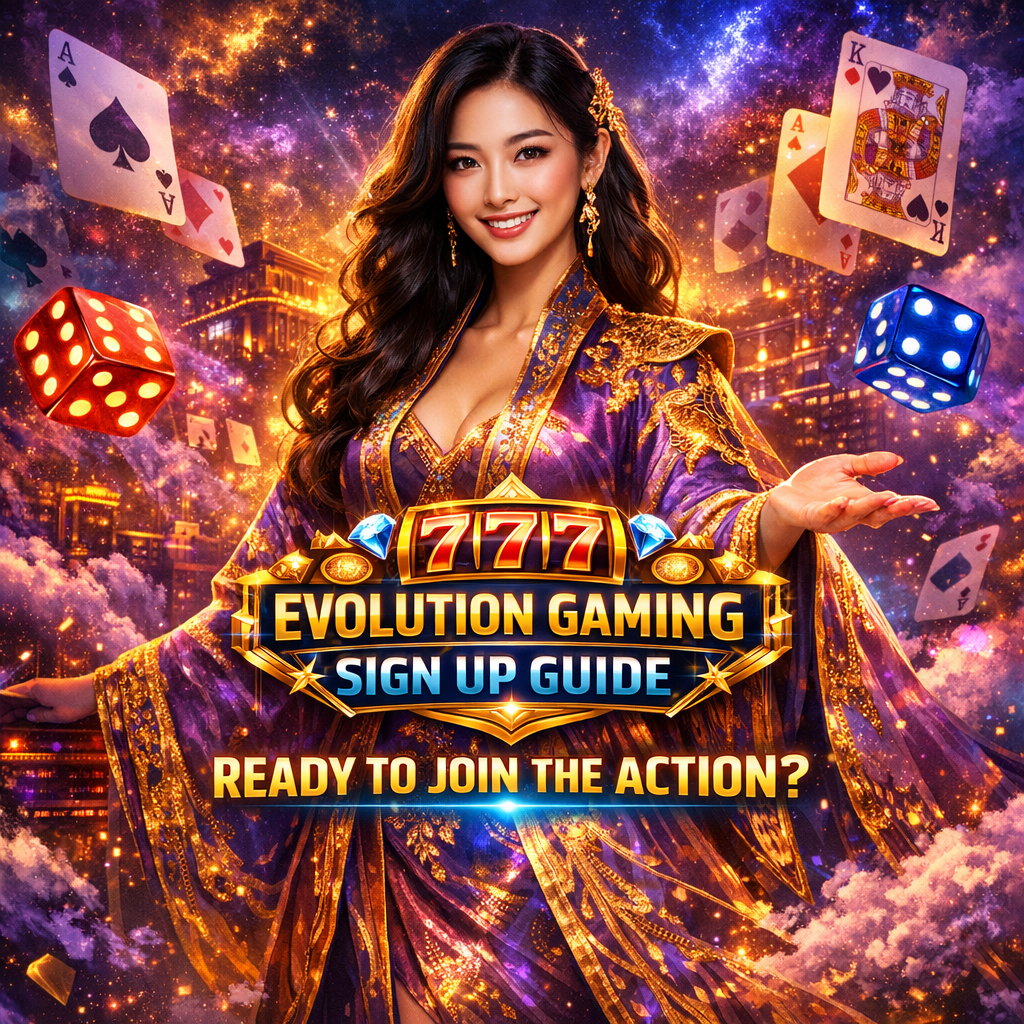 An engaging fantasy-themed visual featuring a beautiful Asian female presenter in a glowing cyberpunk casino setting, displaying the Evolution Gaming sign up guide to attract new players to the online gaming platform.
