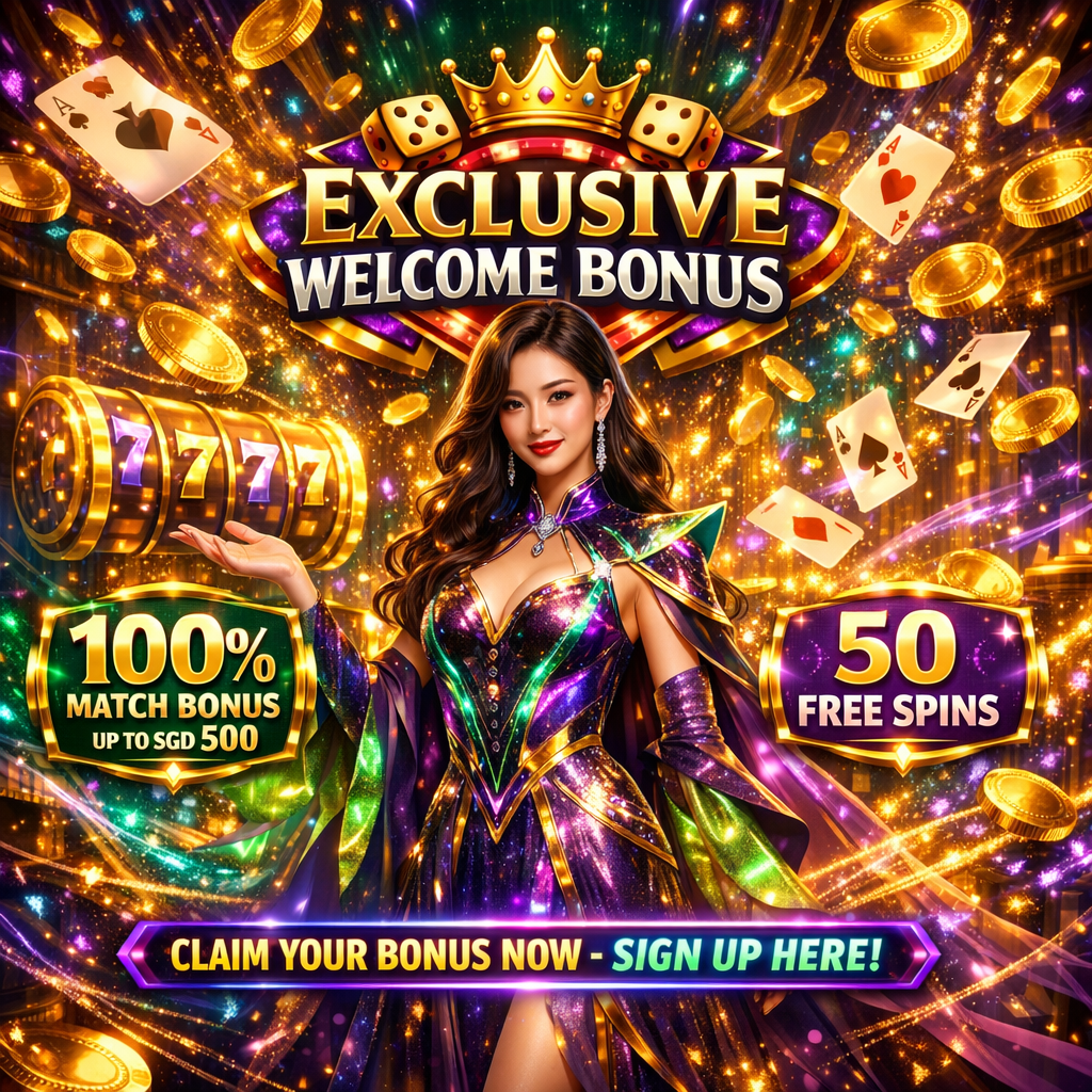 A vibrant and high-energy fantasy casino image featuring an Asian female presenter showcasing exclusive welcome bonuses like free spins and match bonuses to encourage new player sign-ups.
