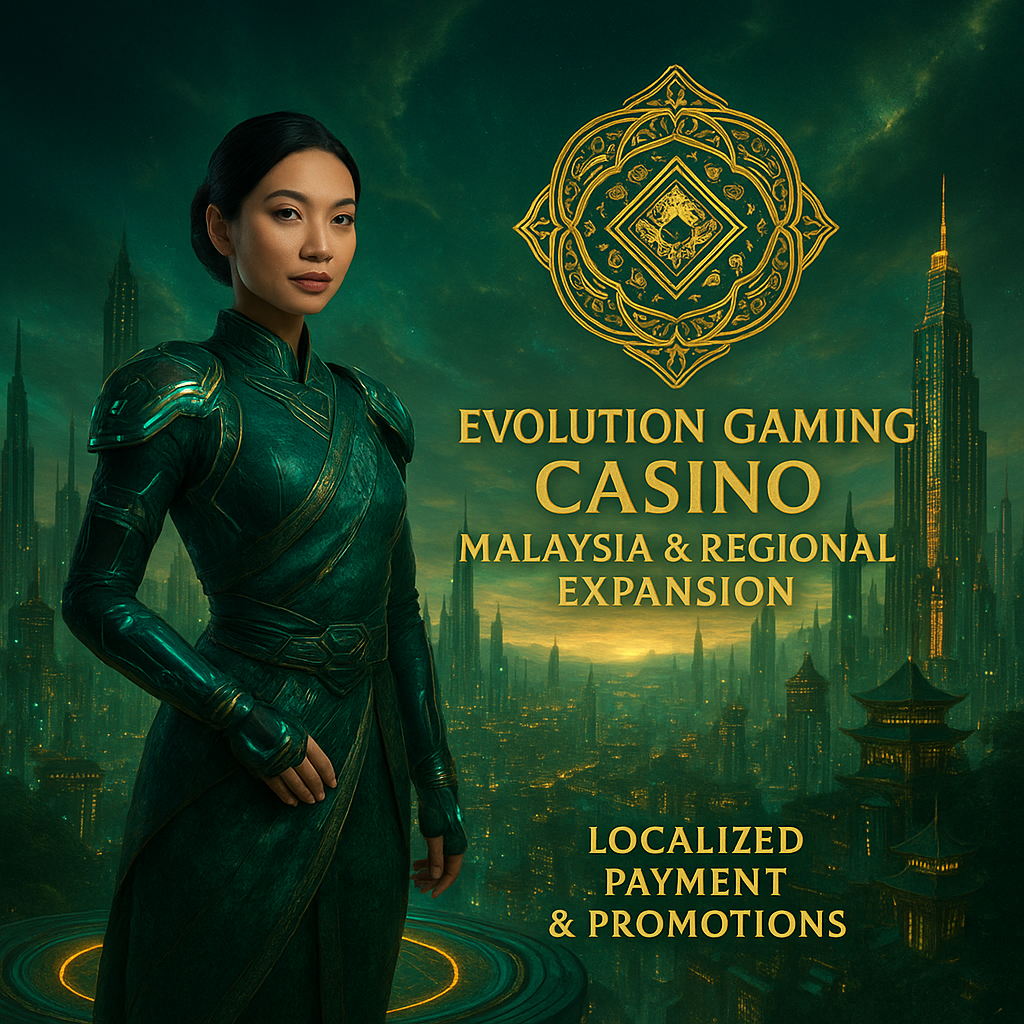 A stunning fantasy-style image of an Asian female presenter showcasing the expansion of Evolution Gaming in Malaysia, featuring localized features and a high-tech casino aesthetic.
