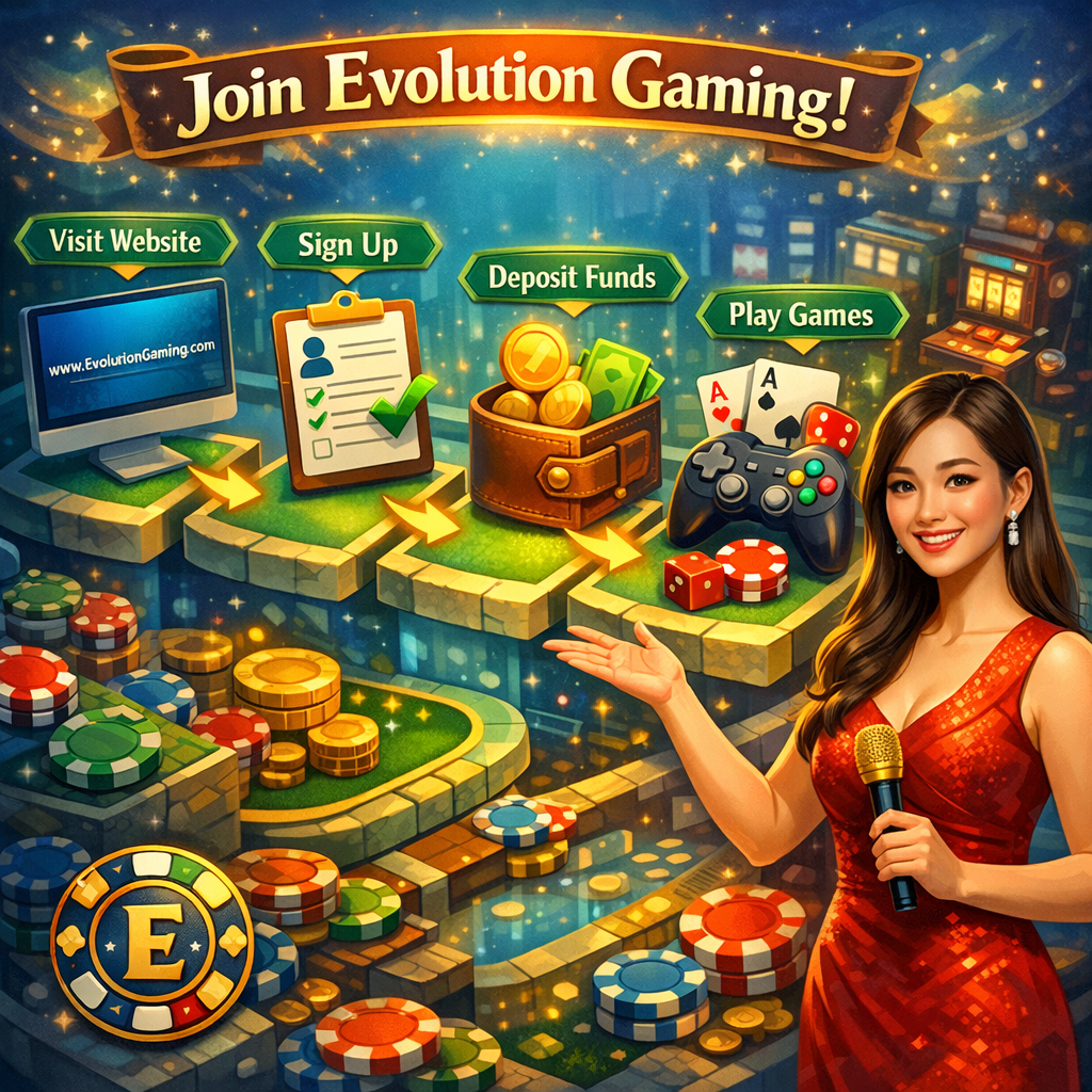 An informative 1:1 isometric illustration showcasing the steps to join Evolution Gaming. The image features a friendly Asian female presenter guiding users through the sign-up process with interactive icons representing visiting the website, signing up, depositing funds, and playing. The text “How to Join Evolution Gaming in 30 Seconds ⏱️” is prominently displayed, aiming to attract new users seeking a quick and easy way to access online casino entertainment. The image includes the Evolution Gaming logo and a brand logo with a casino theme, designed to convey simplicity and accessibility.

