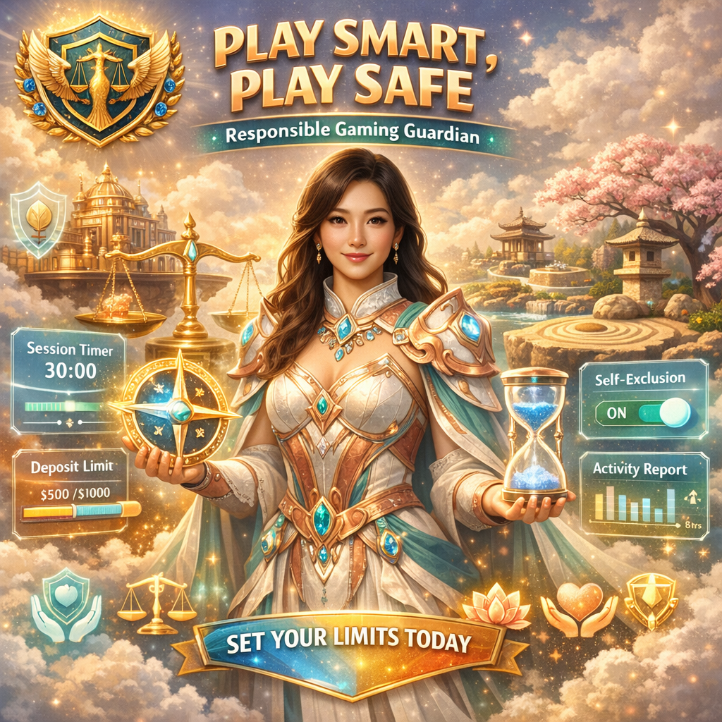A serene fantasy anime-style promotional image featuring an Asian female guardian presenter showcasing Evolution Gaming's responsible gaming tools including session limits, deposit controls, and self-exclusion options, set in a peaceful celestial casino sanctuary with balanced scales, protective shields, and calming typography encouraging safe and mindful play.
