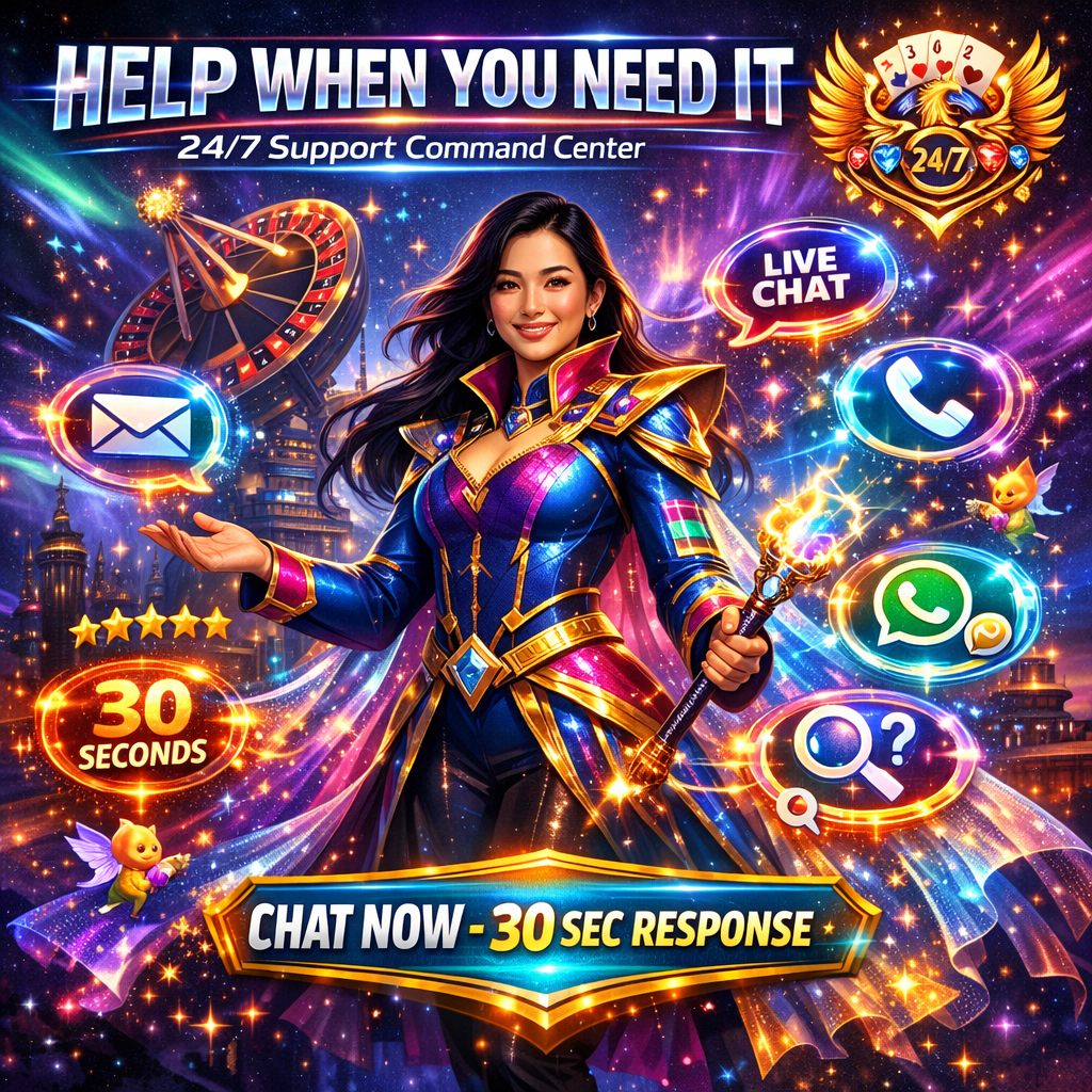 A dynamic fantasy comic book style promotional image featuring an Asian female support presenter showcasing Evolution Gaming's 24/7 customer service channels including live chat, email, phone, and WhatsApp, set in a cosmic casino command center with holographic portals, instant response timers, and bold typography encouraging immediate assistance.
