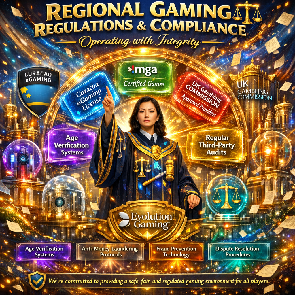 A vibrant 1:1 promotional image featuring an Asian female compliance guardian in a fantasy casino regulatory fortress, showcasing Evolution Gaming Singapore's strict adherence to Curacao eGaming, Malta Gaming Authority, UK Gambling Commission licensing, third-party audits, age verification, AML protocols, fraud prevention, and dispute resolution for a safe fair regulated gaming environment.
