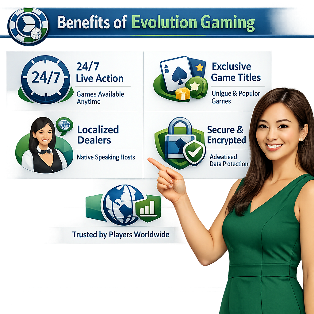 An informative 1:1 infographic image highlighting the key advantages of Evolution Gaming. The image features a friendly Asian female presenter guiding viewers through the benefits, including 24/7 availability, exclusive titles, localized dealers, and military-grade encryption. The text emphasizes the company’s licensing and regulatory compliance, differentiating it from questionable platforms. The image includes the Evolution Gaming logo and a brand logo with a casino theme, designed to convey reliability and trustworthiness.

