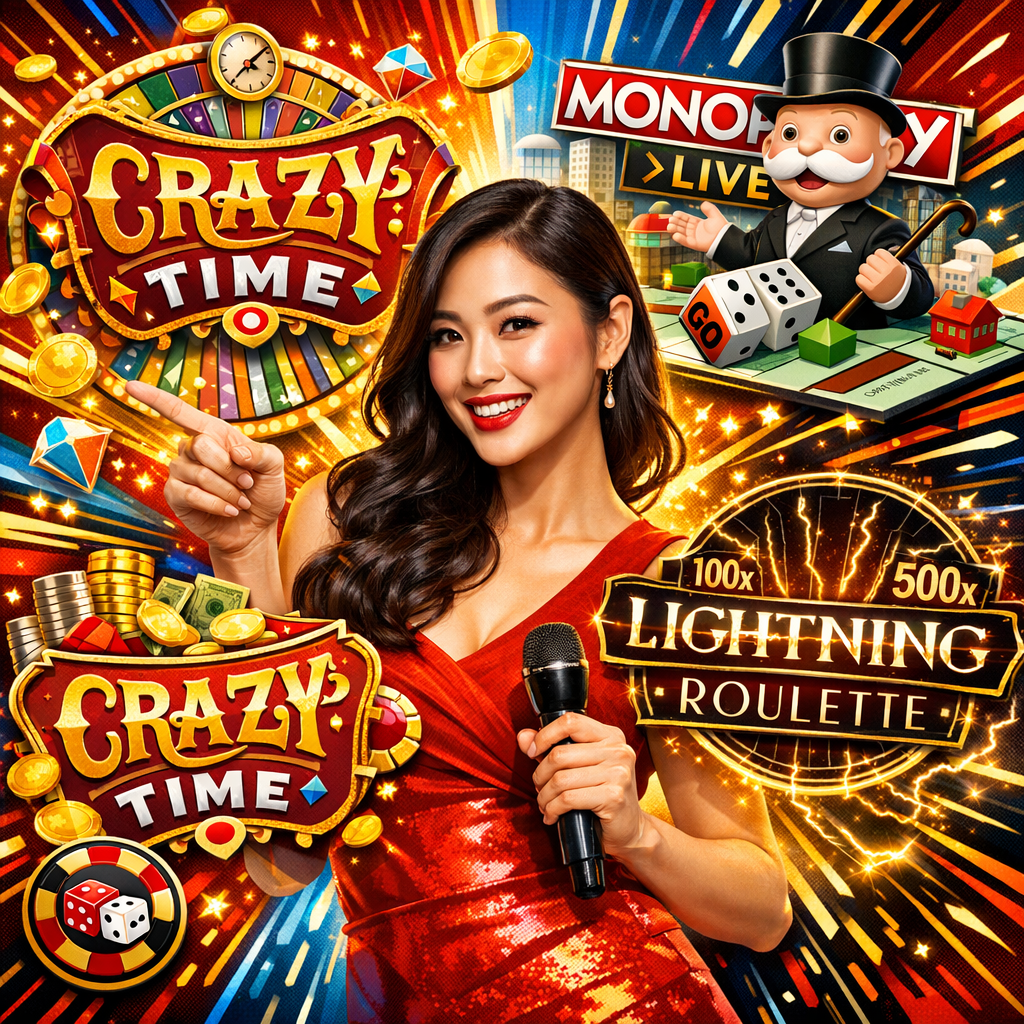 A dynamic 1:1 graphic image showcasing top Evolution Gaming slot games. The image features stylized representations of Crazy Time, Monopoly Live, and Lightning Roulette, highlighting their exciting features and jackpot potential. The text “Top Evolution Gaming Slot Games You Must Play Today” is prominently displayed, aiming to attract players seeking thrilling slot experiences. The image includes the Evolution Gaming logo and a brand logo with a casino theme, designed to convey excitement and winning opportunities.

