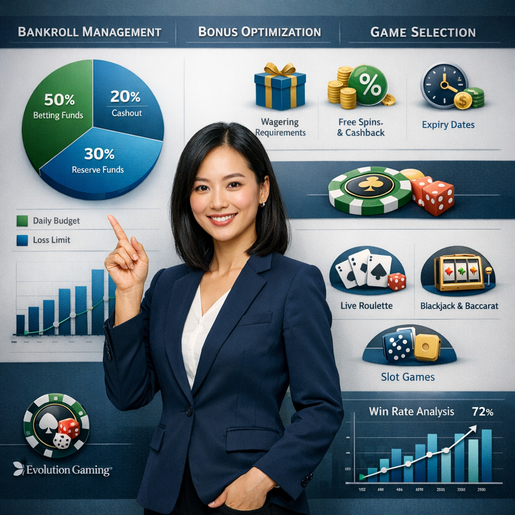 An informative 1:1 image illustrating strategies for winning real money at Evolution Gaming Casino Singapore. The image features a knowledgeable Asian female presenter guiding viewers through bankroll management, bonus optimization, and game selection. The text emphasizes player-friendly terms and favorable game options. The image includes the Evolution Gaming logo and a brand logo with a casino theme, designed to convey strategic gameplay and winning potential.

