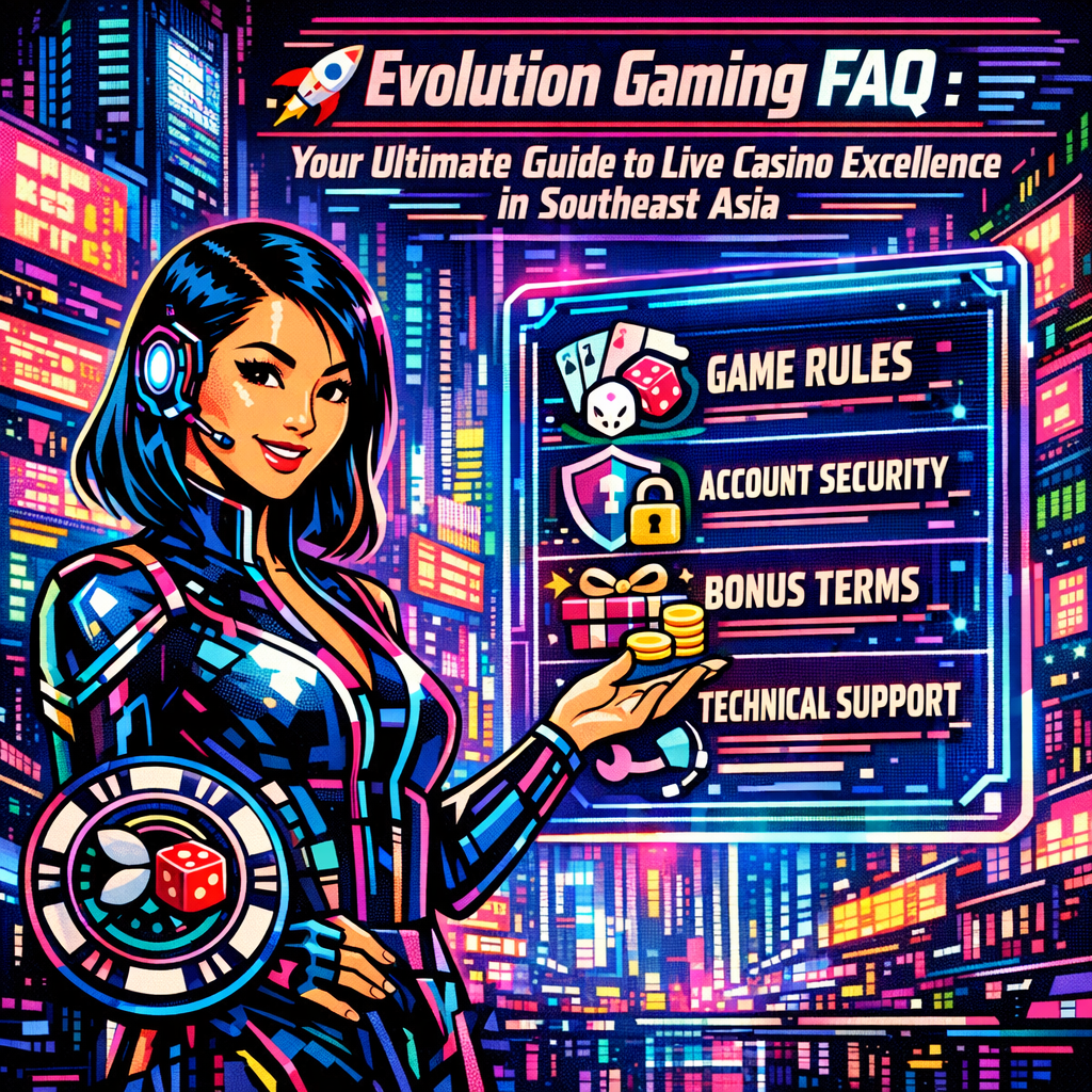 A futuristic 1:1 cyberpunk image showcasing Evolution Gaming’s FAQ section, designed as a comprehensive guide to live casino excellence in Southeast Asia. The image features a tech-savvy Asian female presenter interacting with a holographic interface displaying common questions. The text “🚀 Evolution Gaming FAQ : Your Ultimate Guide to Live Casino Excellence in Southeast Asia” is prominently displayed, aiming to attract users seeking information and support. The image includes the Evolution Gaming logo and a brand logo with a casino theme, designed to convey innovation and accessibility.

